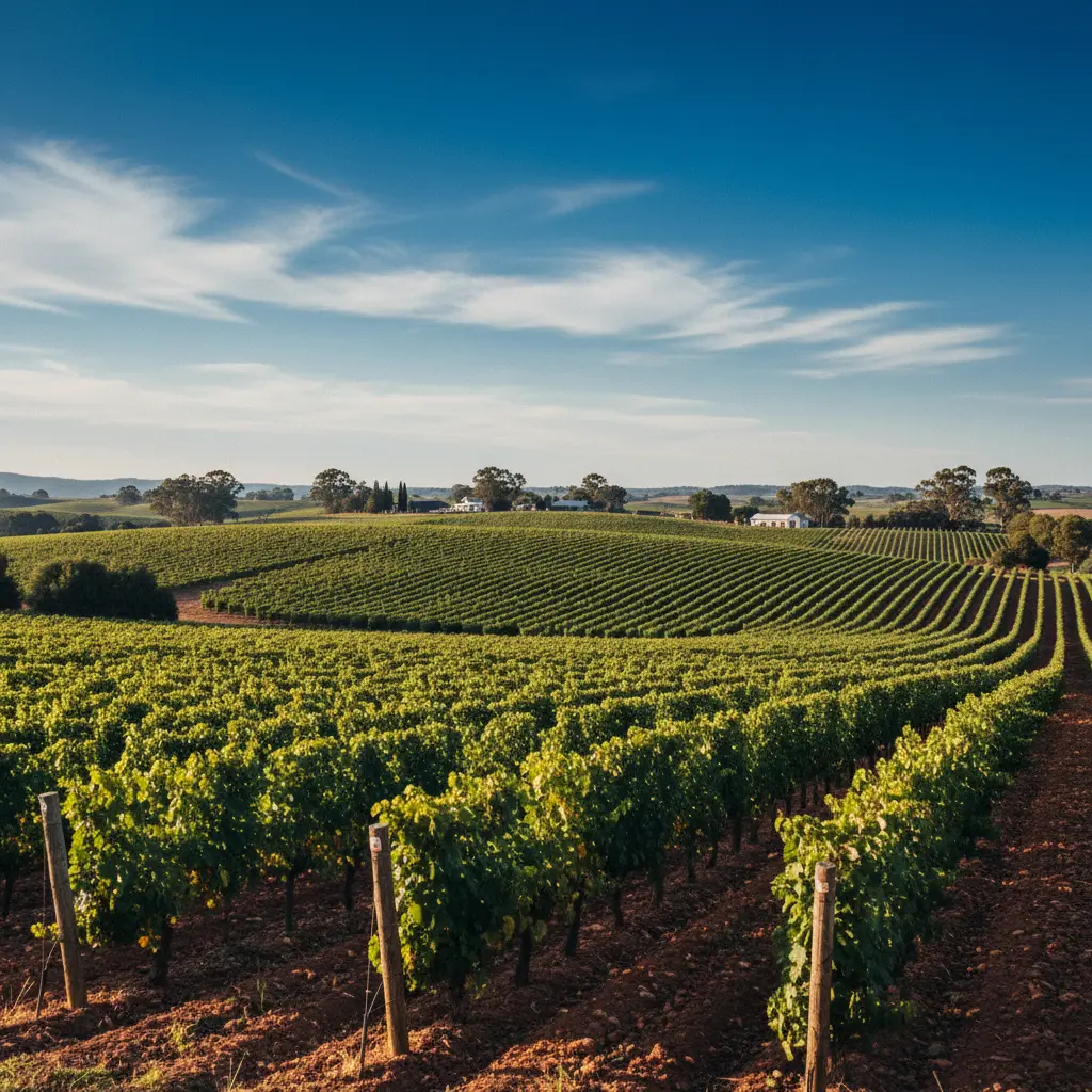 Rows of grapevines in the Hunter Valley wine region under a blue sky