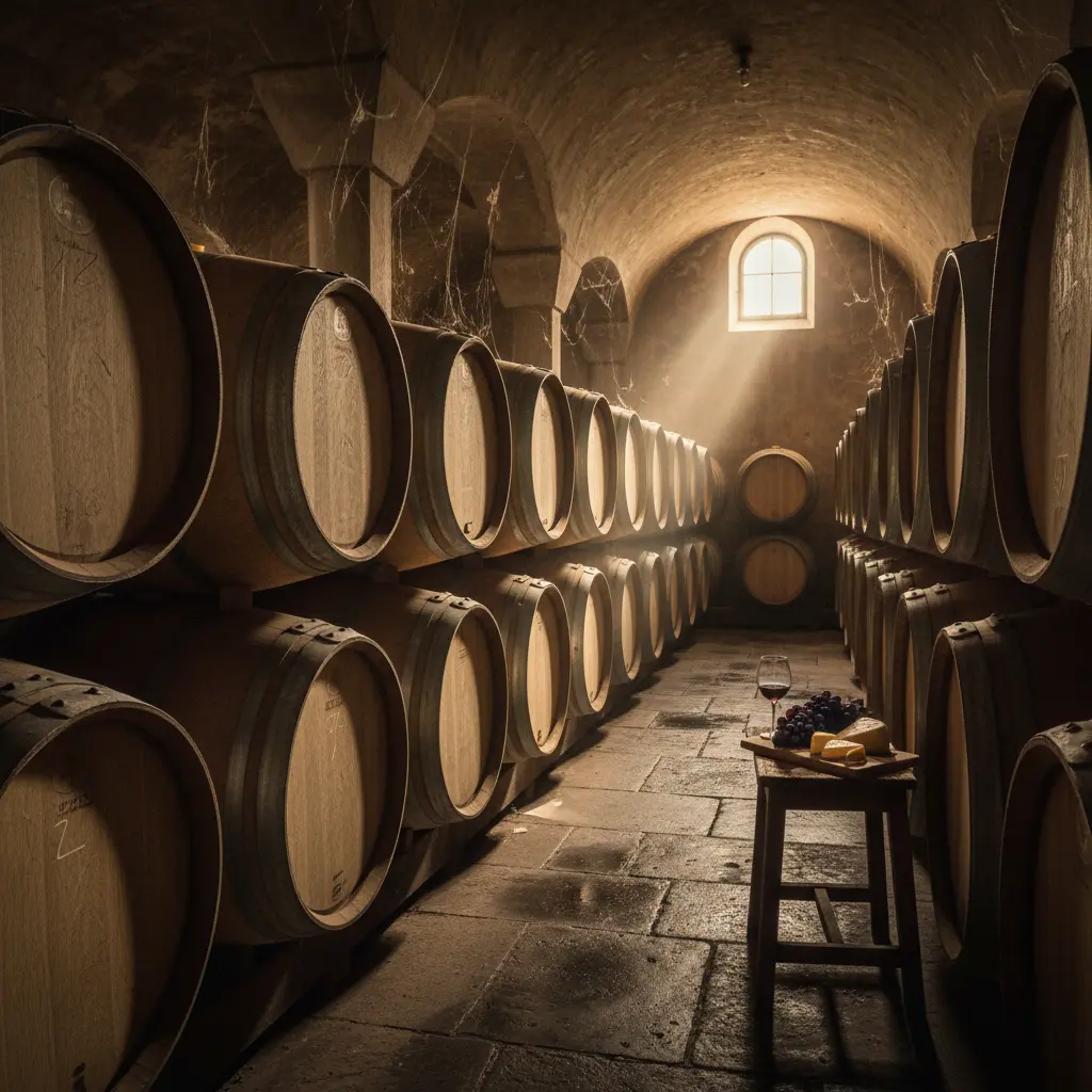 Rows of oak barrels aging wine in a dim cellar