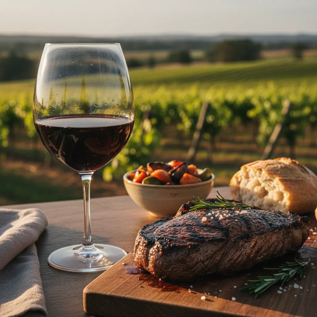 A glass of red wine next to a perfectly grilled steak