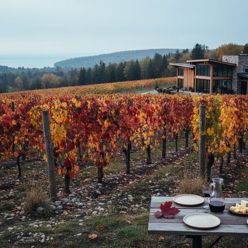 Rows of grapevines in the Niagara Peninsula during autumn