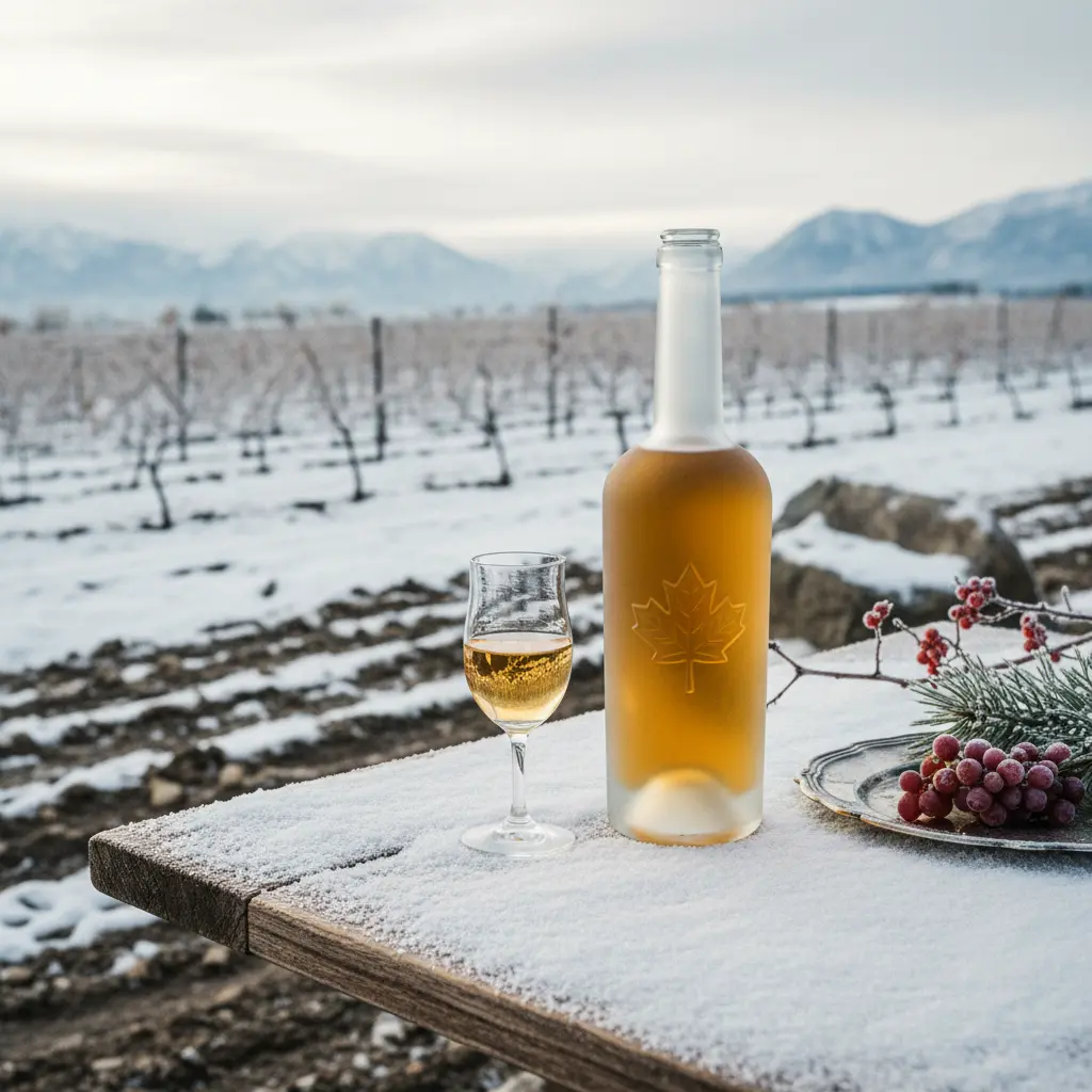 A bottle of Canadian Icewine next to a glass in a snowy setting