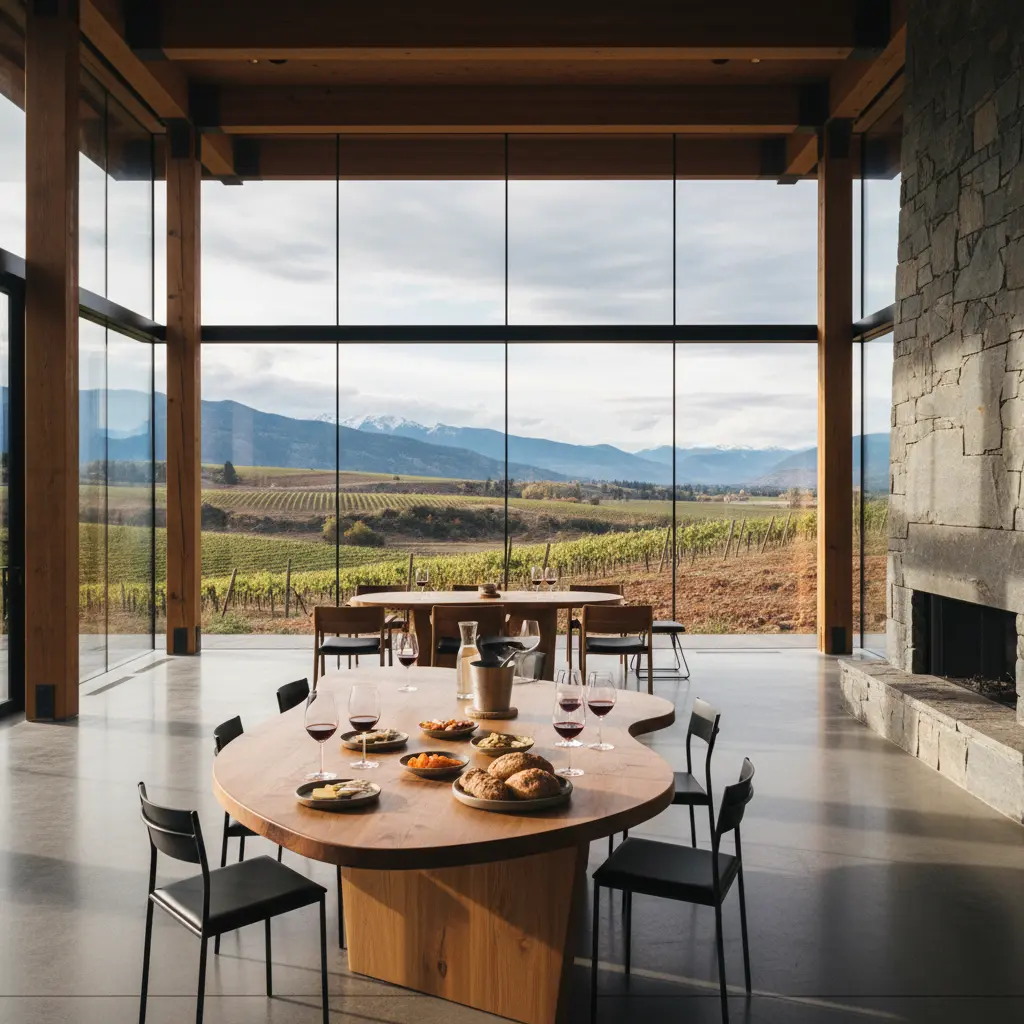A modern wine tasting room overlooking an Okanagan Valley vineyard