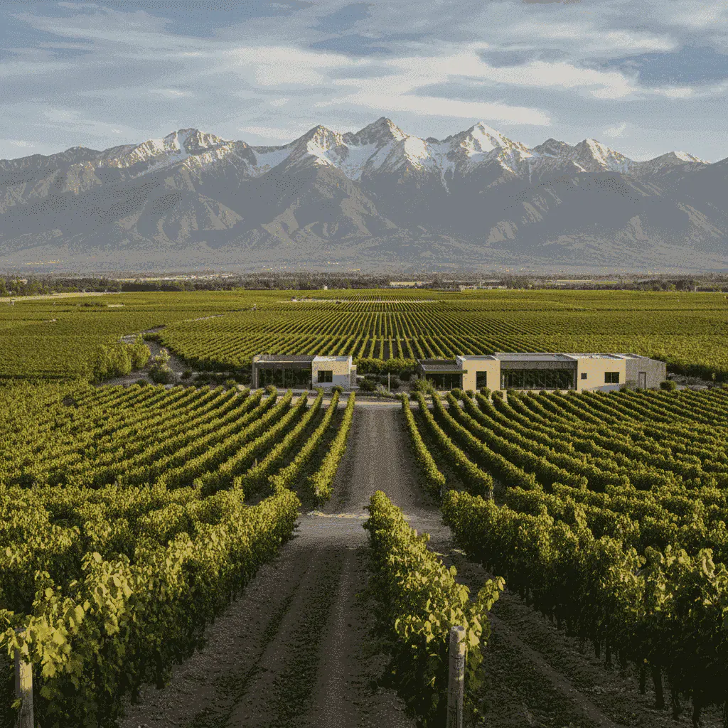 Vast vineyards stretching across a Chilean valley towards the Andes Mountains