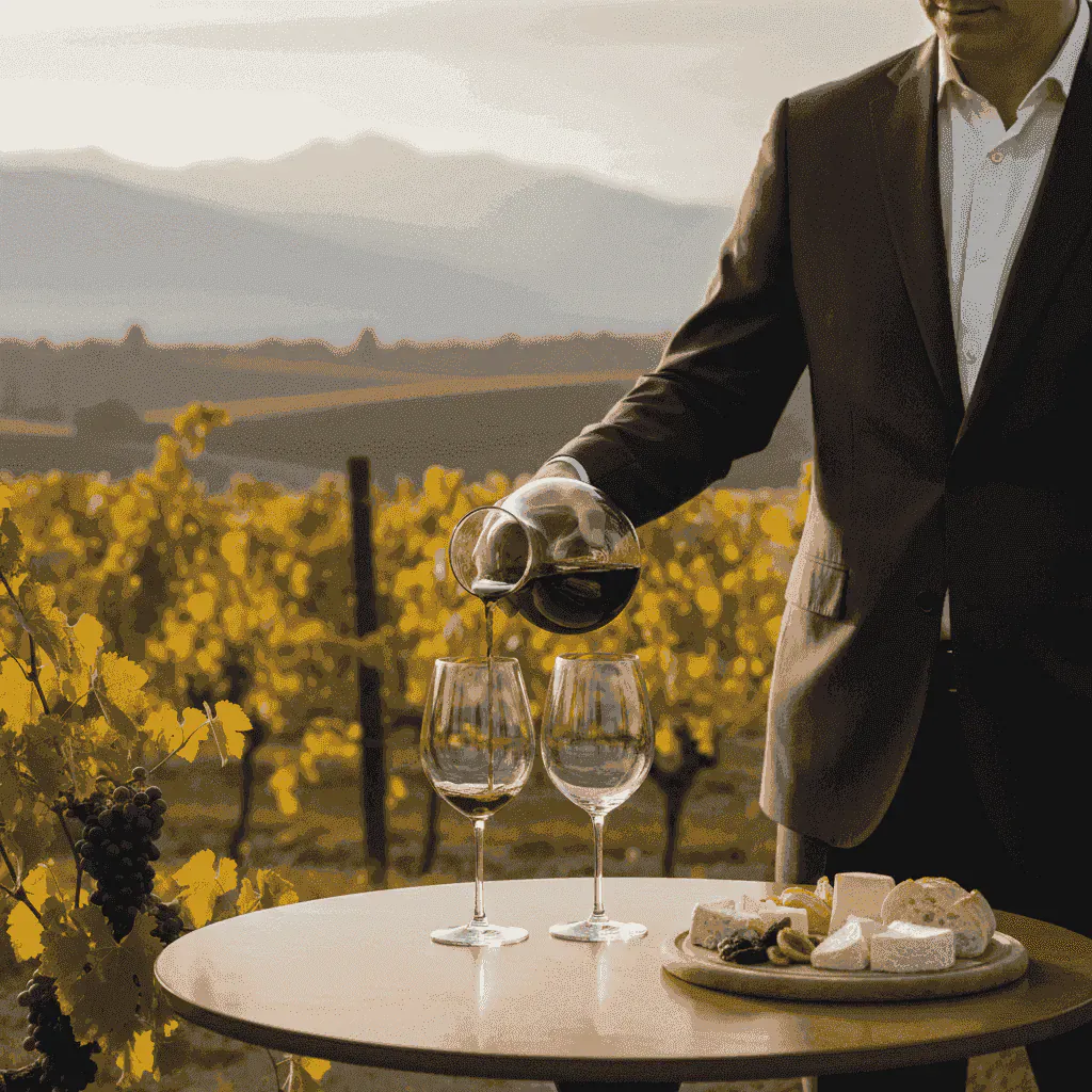 A sommelier pouring red wine into glasses in a vineyard setting