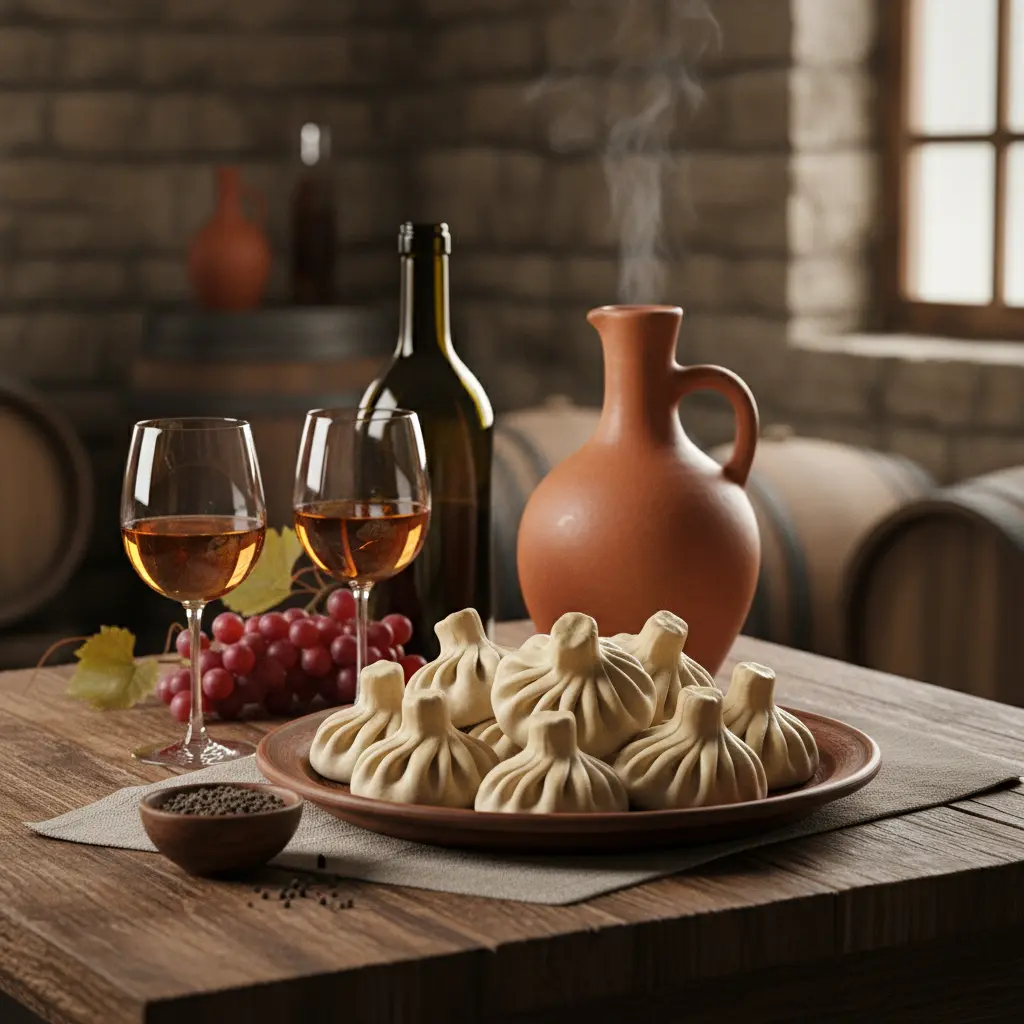 Georgian Khinkali dumplings and wine