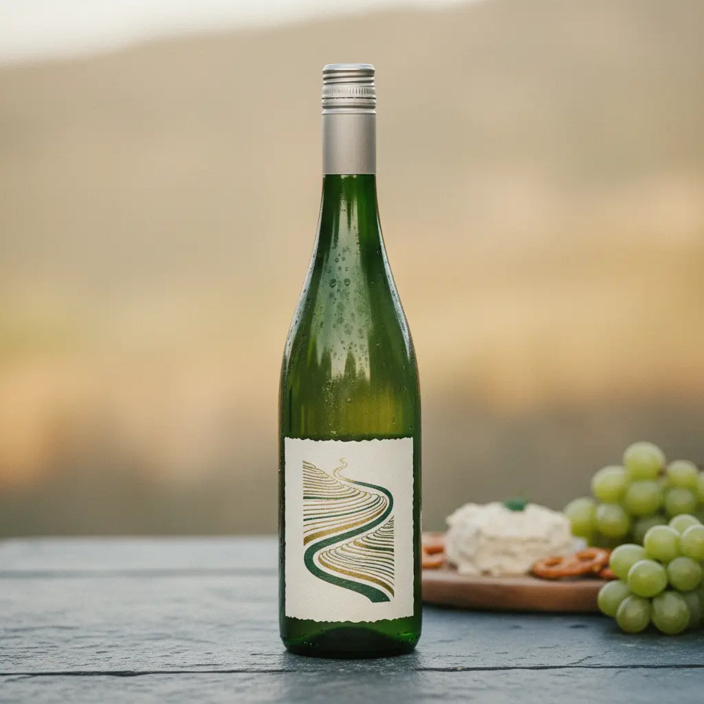 A bottle of German Riesling wine from the Mosel region, showcasing its elegant label and typical bottle shape.