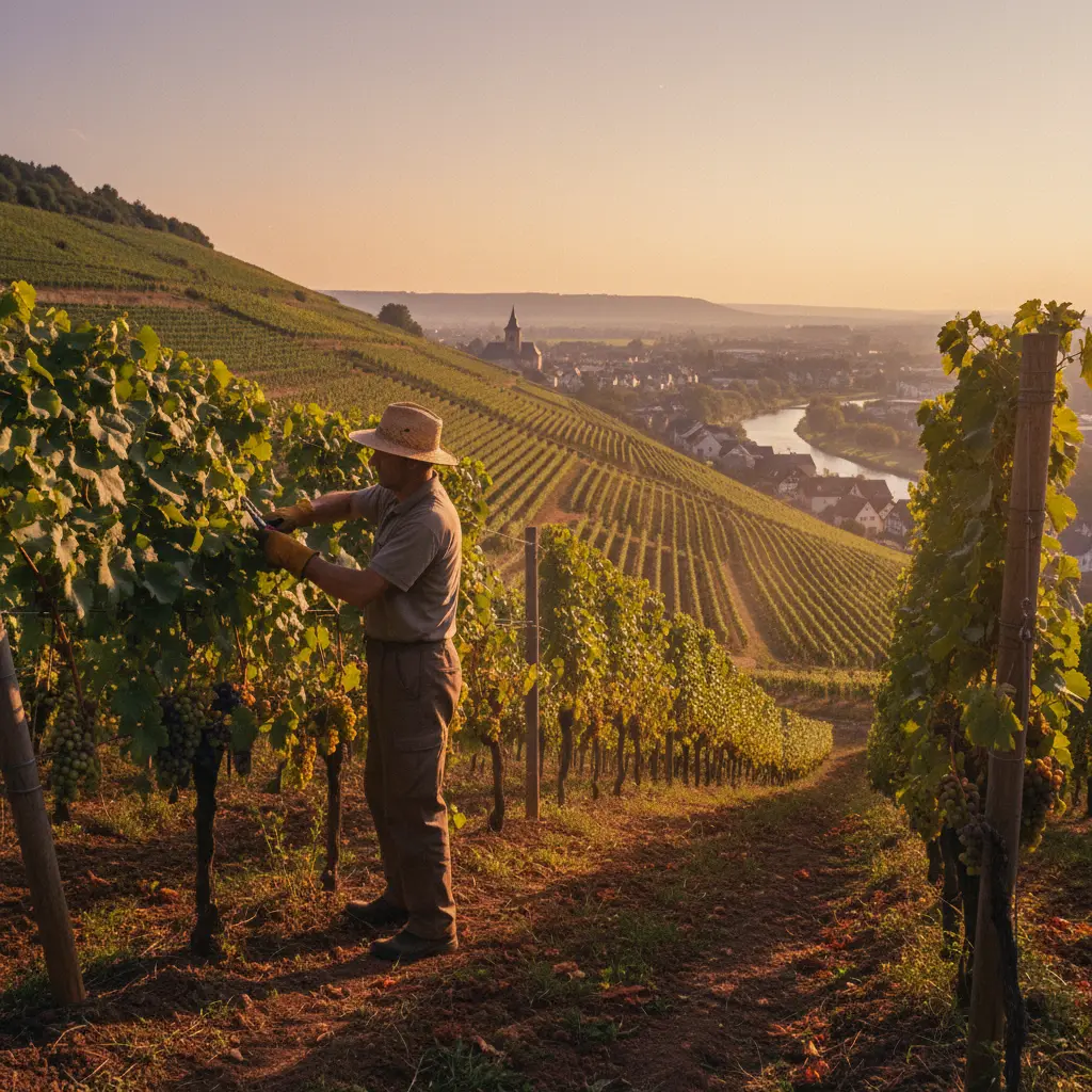 A worker tending to vines in a meticulously maintained German vineyard, highlighting the dedication to viticulture.