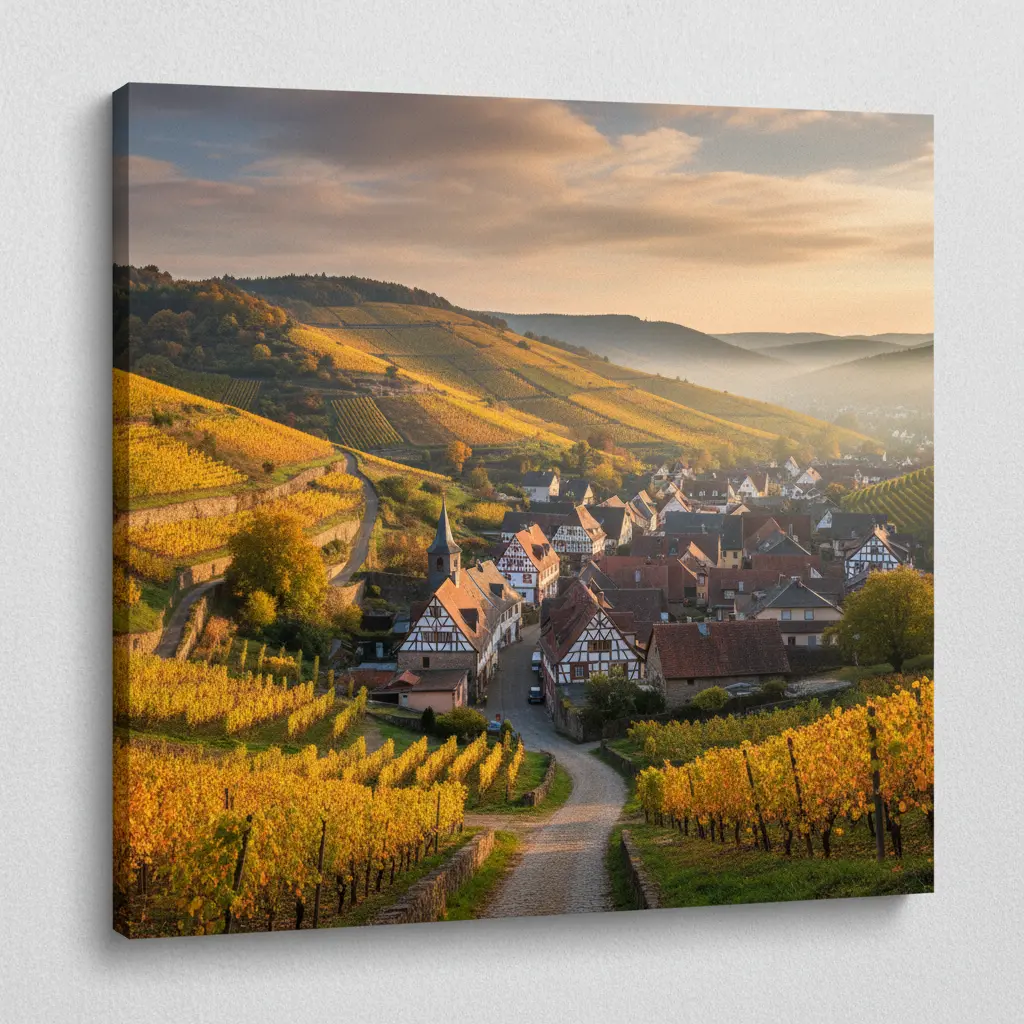 A charming village nestled in Germany's wine country, surrounded by verdant vineyards and traditional architecture.
