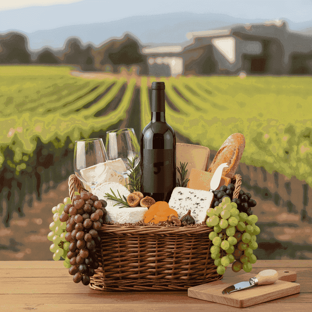 A beautifully arranged wine country gift basket with red wine, cheeses, and grapes.