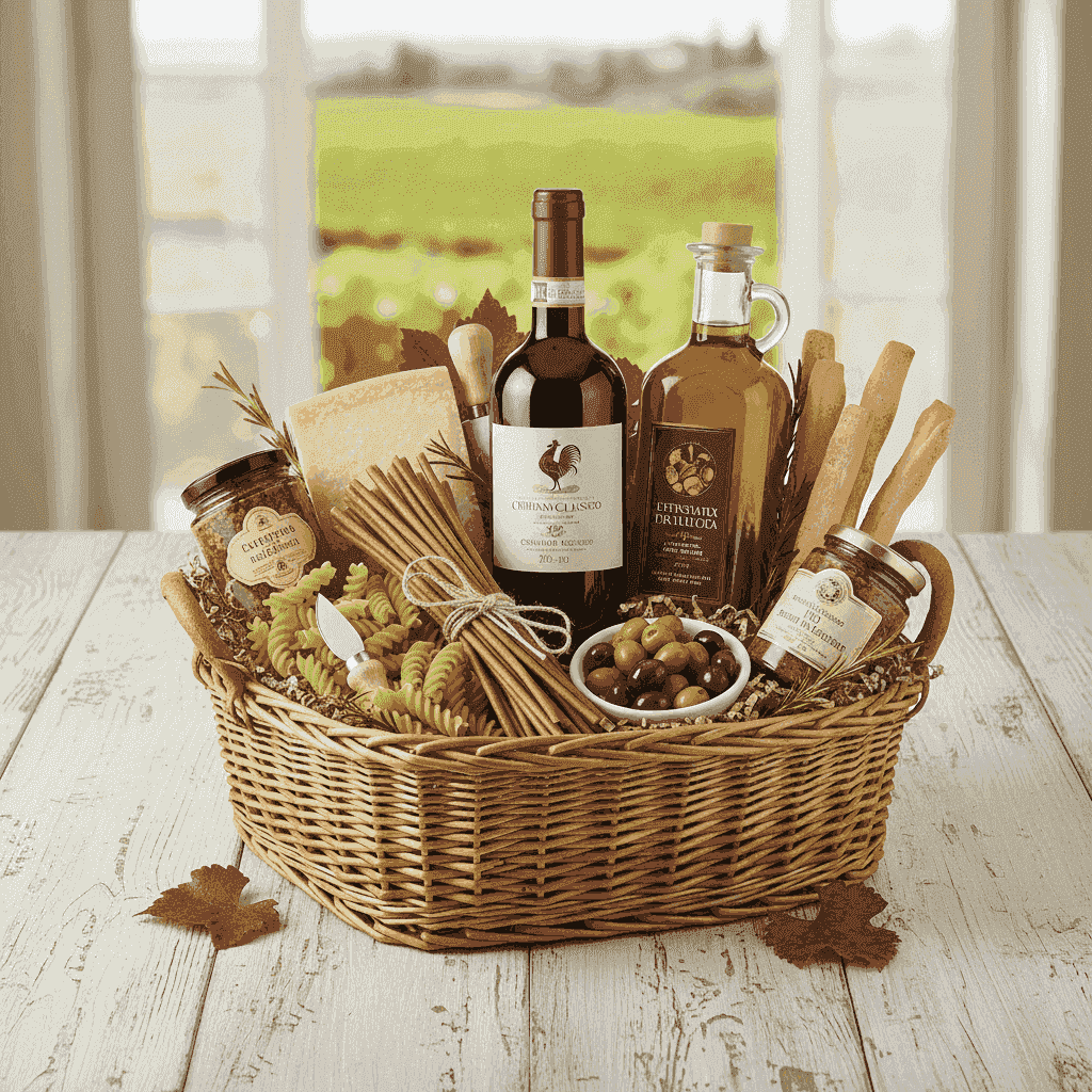 An Italian wine gift basket with Chianti, pasta, and olive oil.