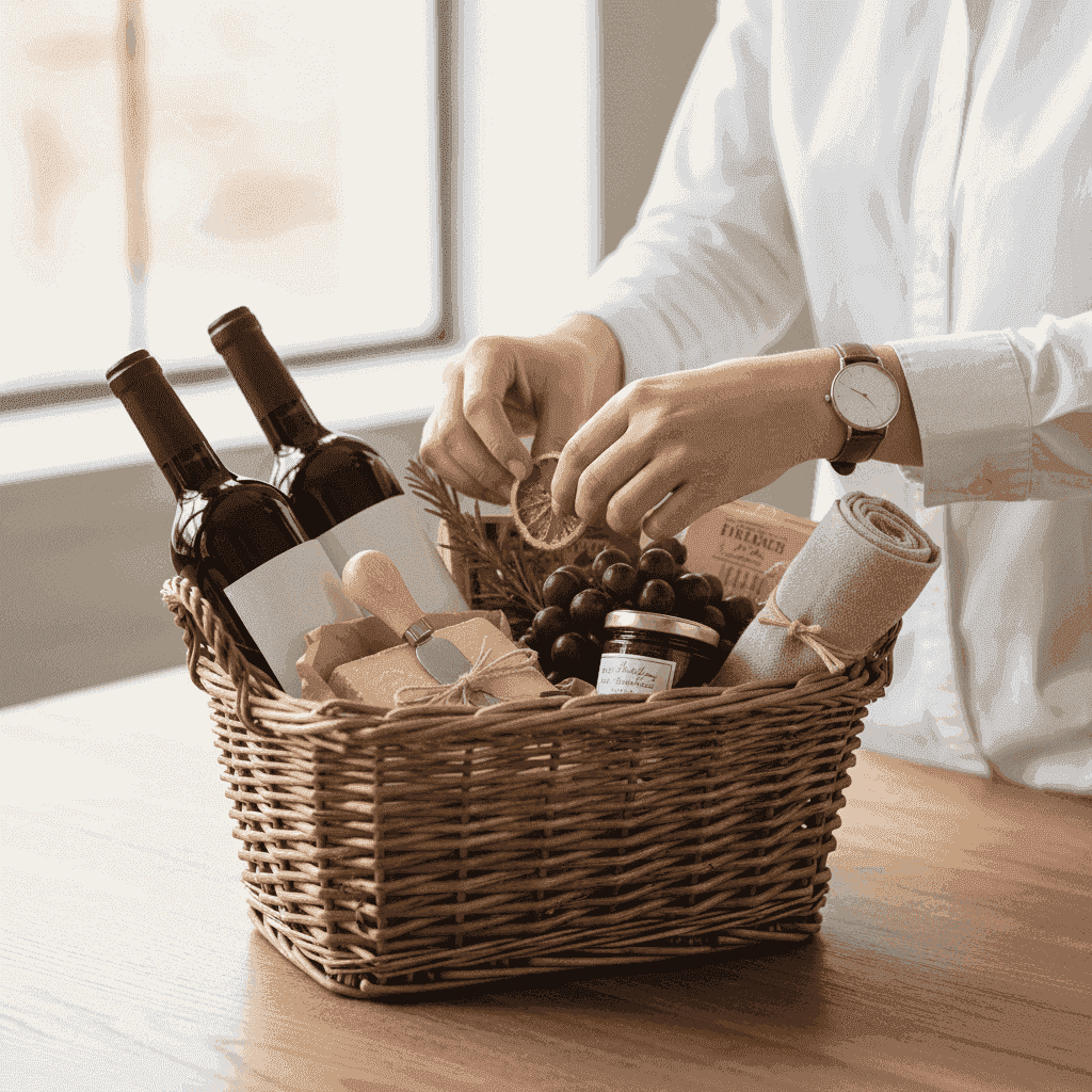 A person arranging items in a customizable wine gift basket.