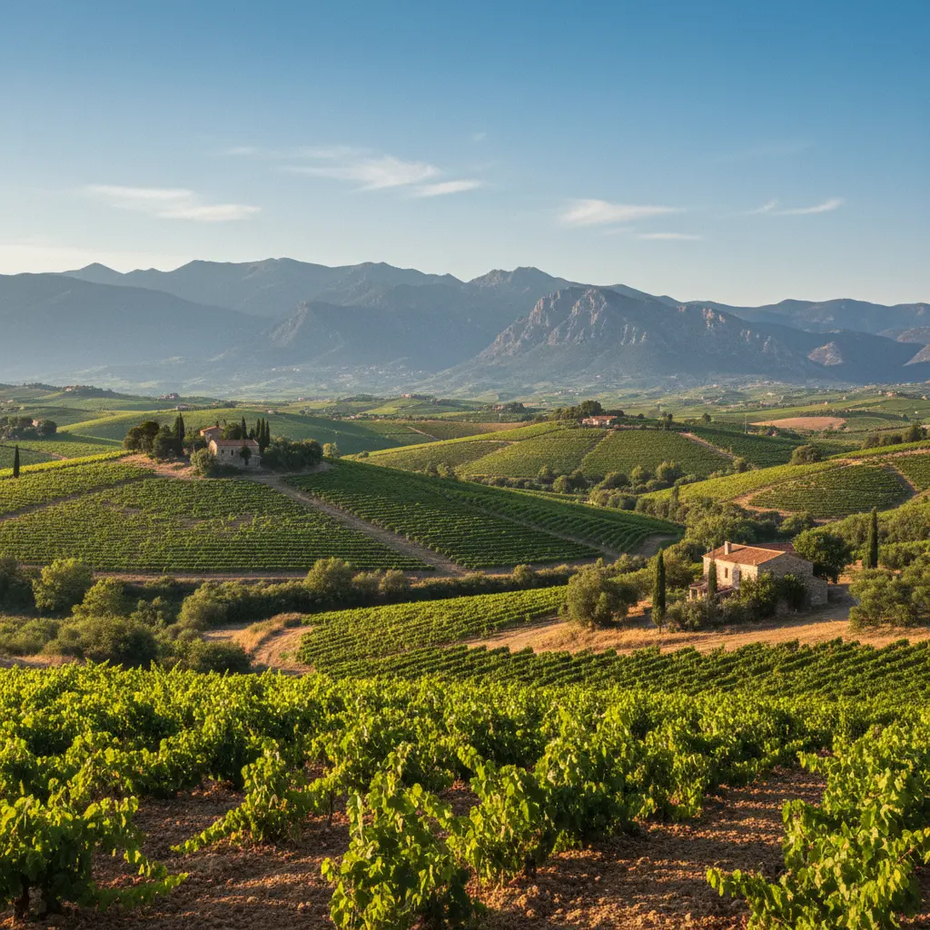 A view of rolling vineyards in Nemea, Greece, under a clear sky.