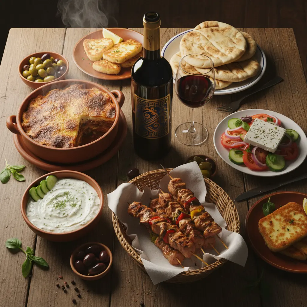 A table laden with traditional Greek dishes like moussaka, tzatziki, and souvlaki, with a bottle of Greek wine.