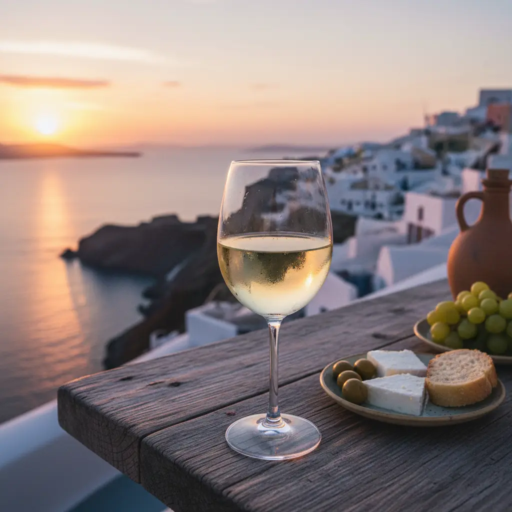 A glass of white wine on a table overlooking a Santorini sunset and the Aegean Sea.