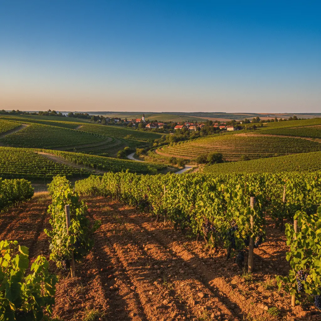 Rolling vineyards in a Hungarian wine region under a clear sky