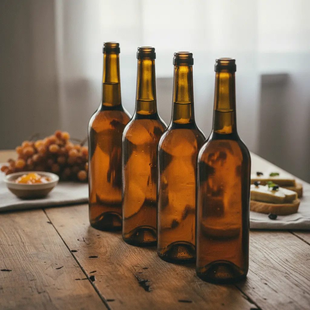 Several bottles of golden Tokaji Aszú wine lined up