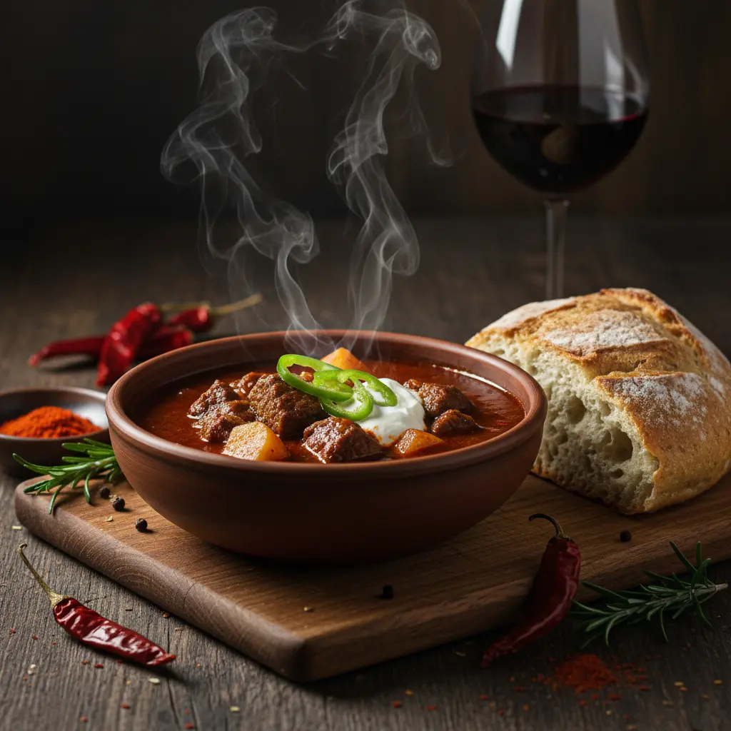 A steaming bowl of Hungarian goulash with crusty bread
