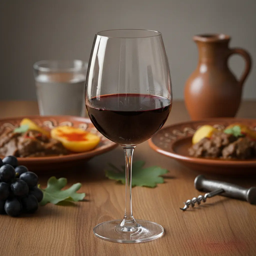 A glass of Egri Bikavér red wine, showing its deep ruby color