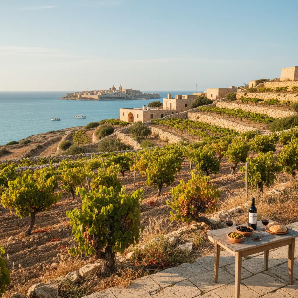 Vineyards along the Maltese coast with the Mediterranean Sea in the background.