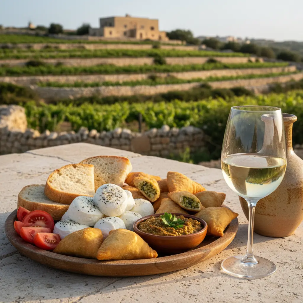 A platter of traditional Maltese appetizers paired with a glass of local white wine.