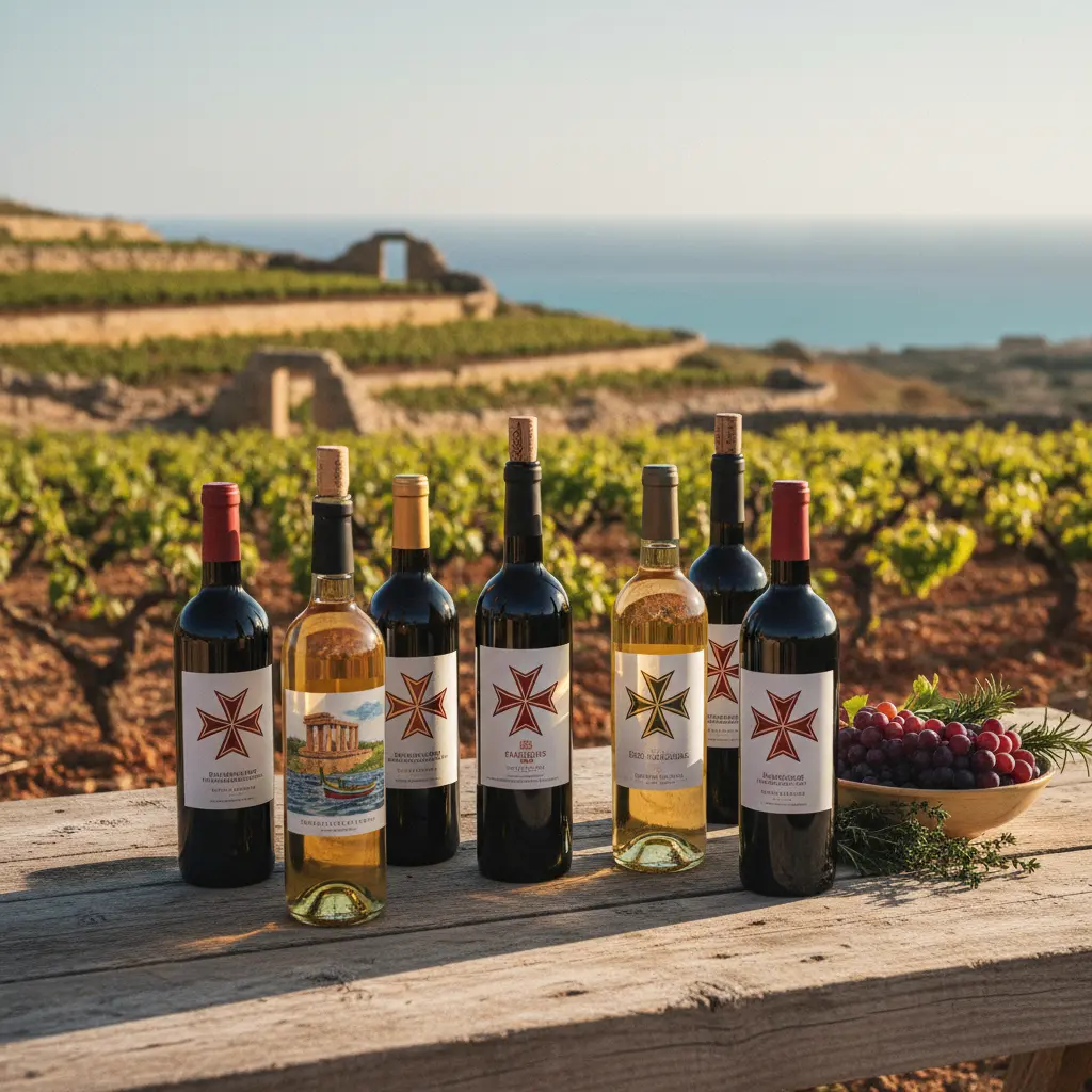 A selection of Maltese wine bottles with distinct labels.