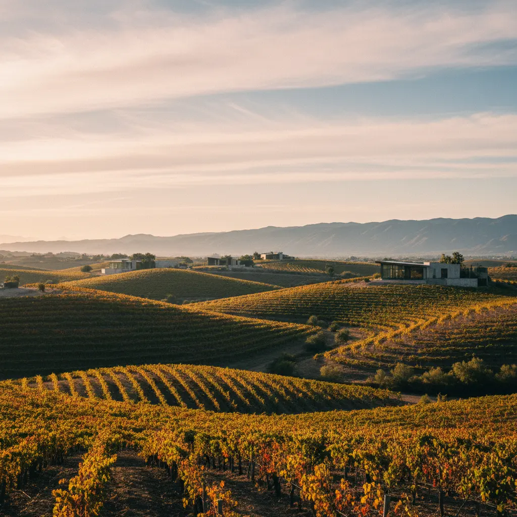 Panoramic view of vineyards in Valle de Guadalupe, Mexico