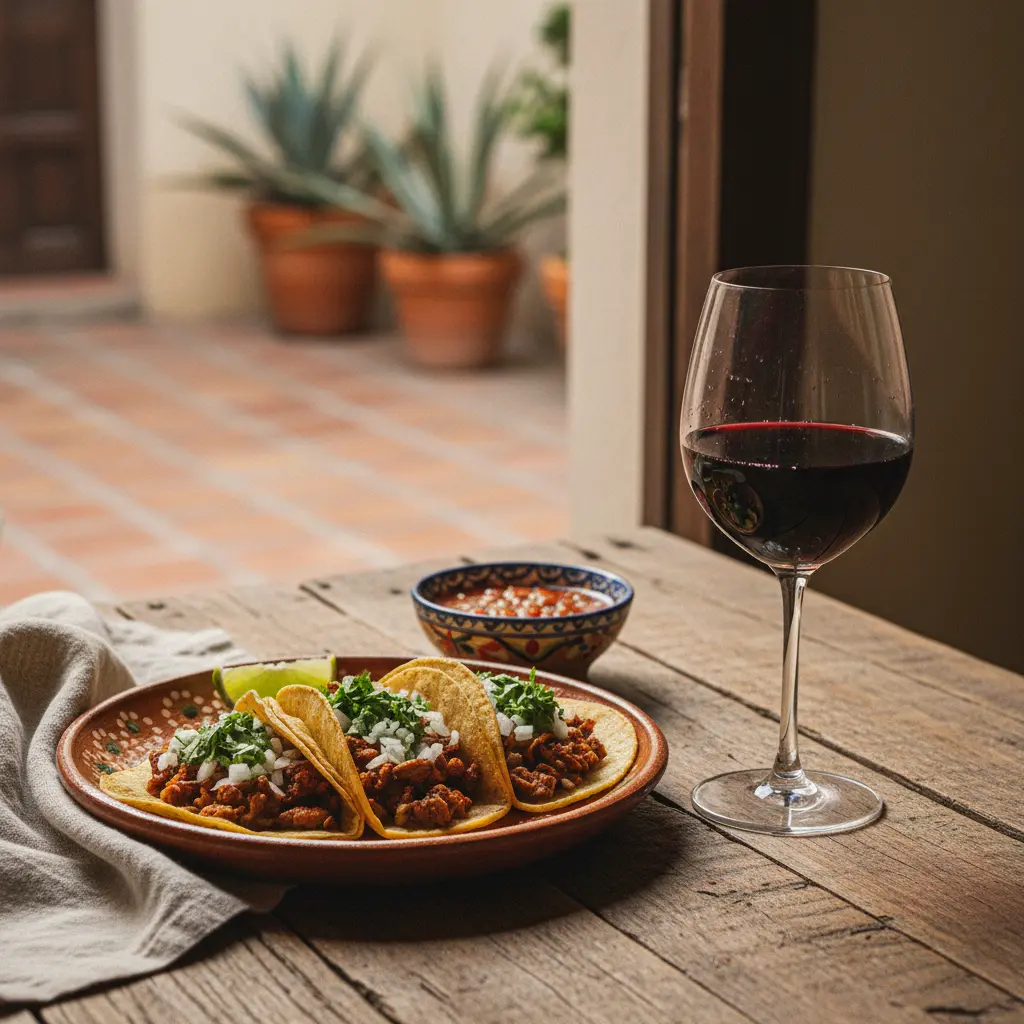 Tacos paired with a glass of red wine on a rustic table