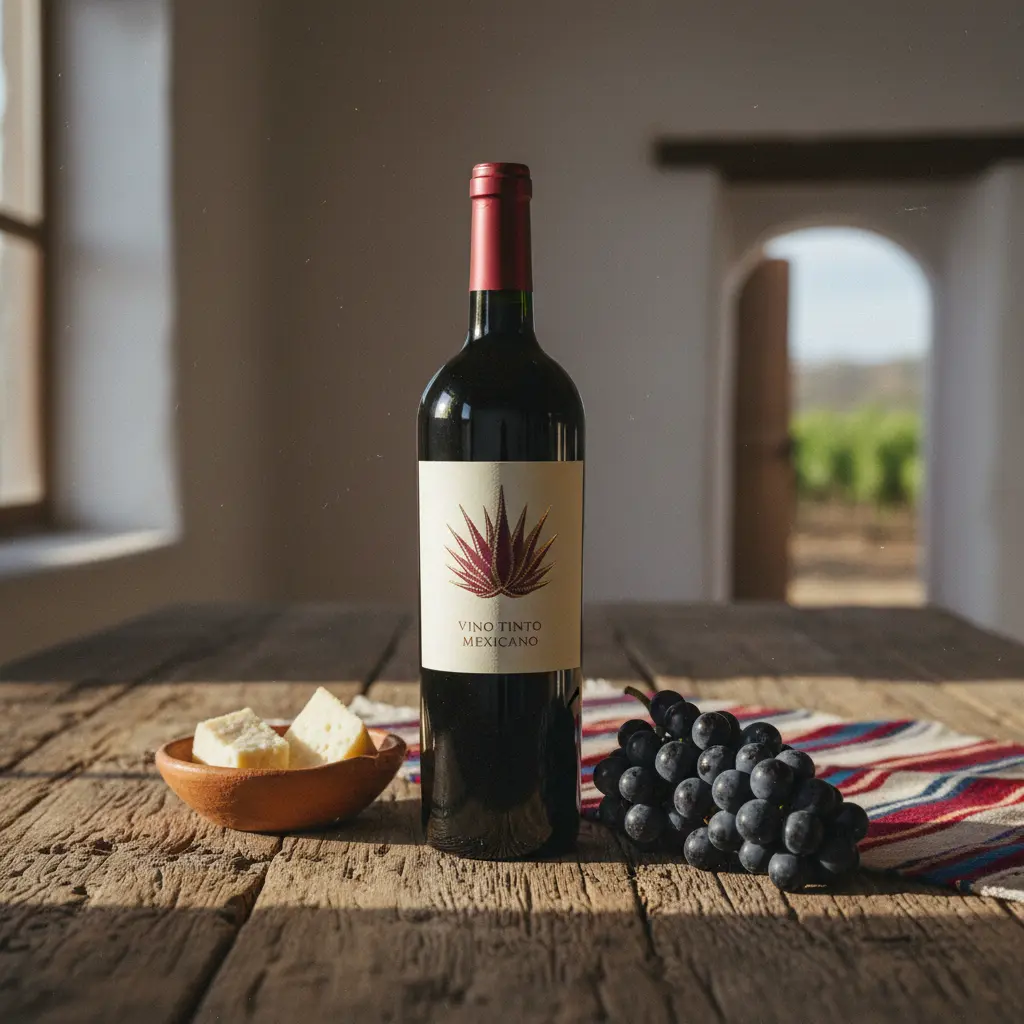 A bottle of premium Mexican red wine on a wooden table
