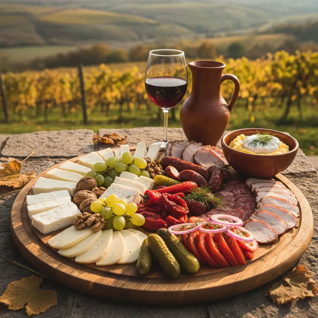 Traditional Moldovan platter with various cheeses, meats, and vegetables, paired with a glass of red wine.