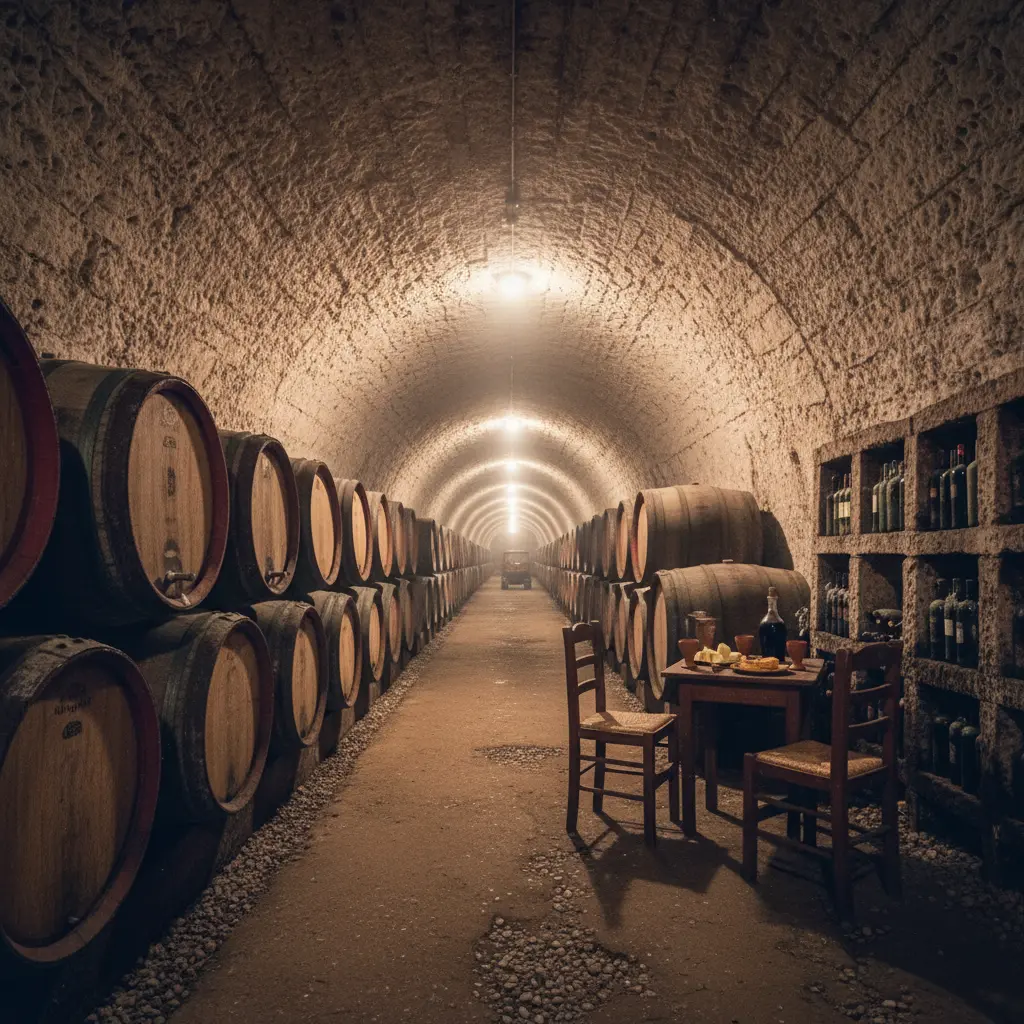 A long, dimly lit tunnel in the Cricova underground wine cellar, lined with oak barrels and bottles.