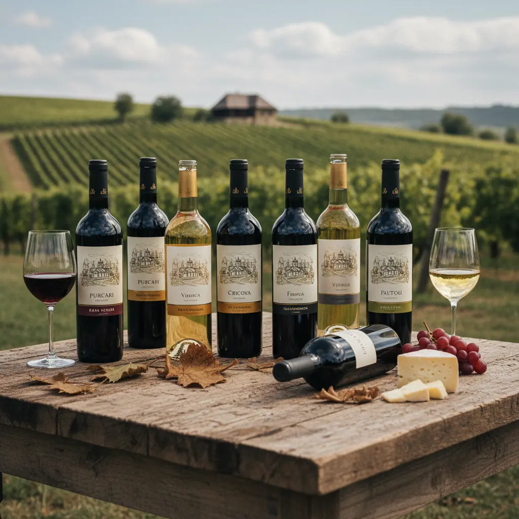 A collection of elegant Moldovan wine bottles with distinctive labels, showcasing a range of red and white wines.
