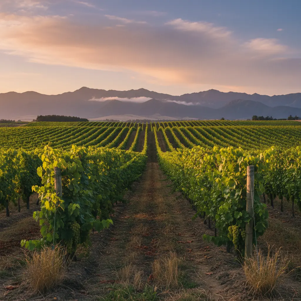 Rows of Sauvignon Blanc vines in Marlborough, New Zealand