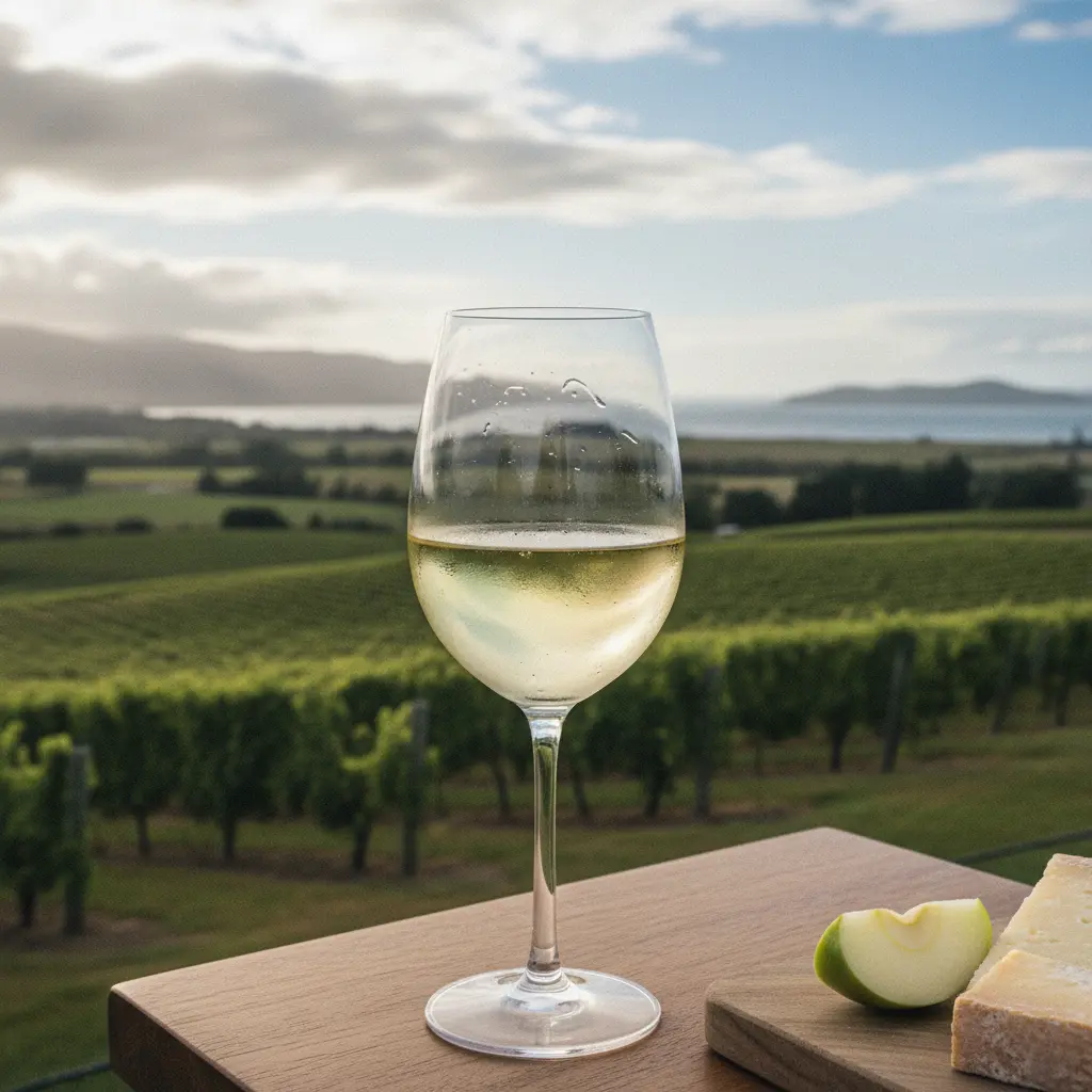 Glass of New Zealand Sauvignon Blanc with a scenic vineyard in the background