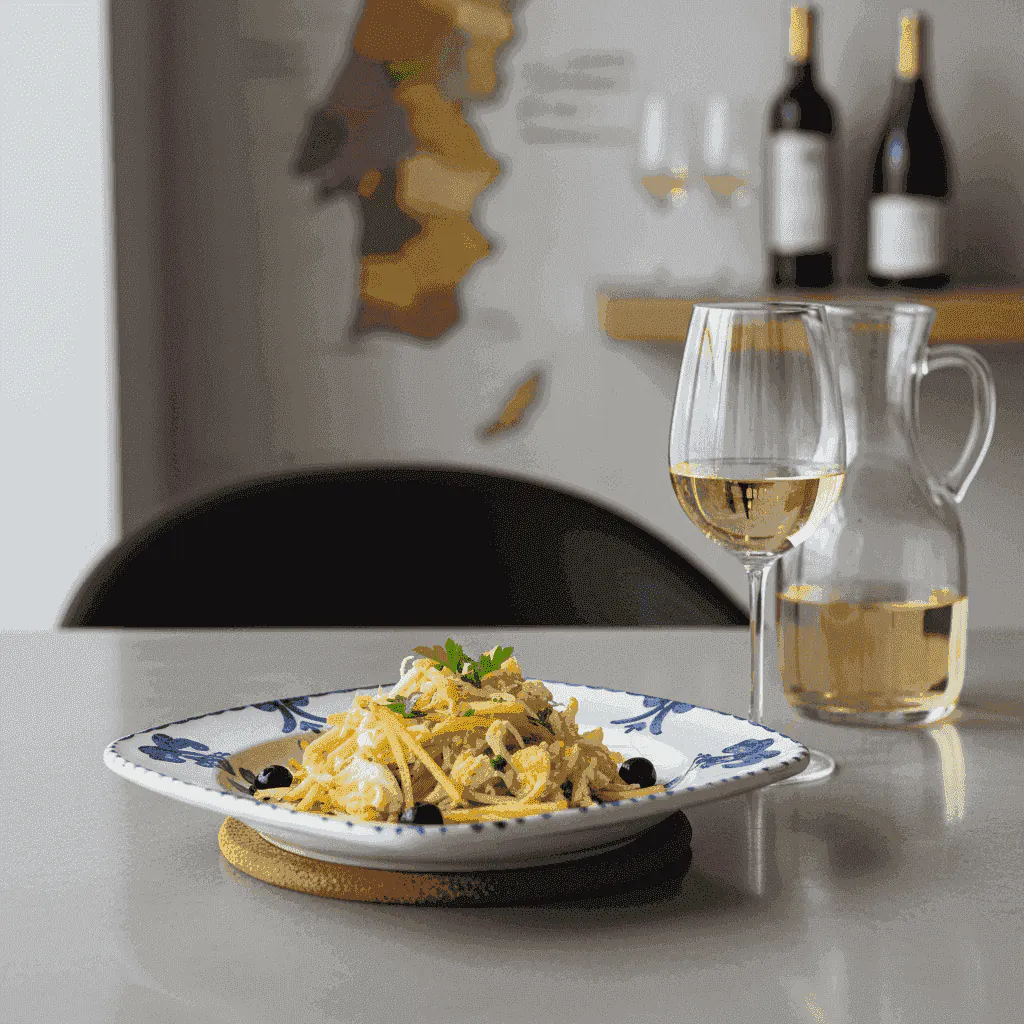 Traditional Portuguese Bacalhau dish with a glass of white wine