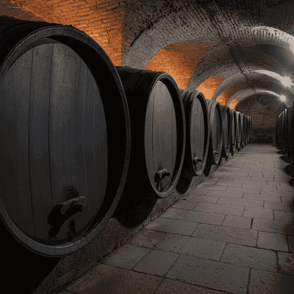 Rows of aging Port wine barrels in a traditional cellar
