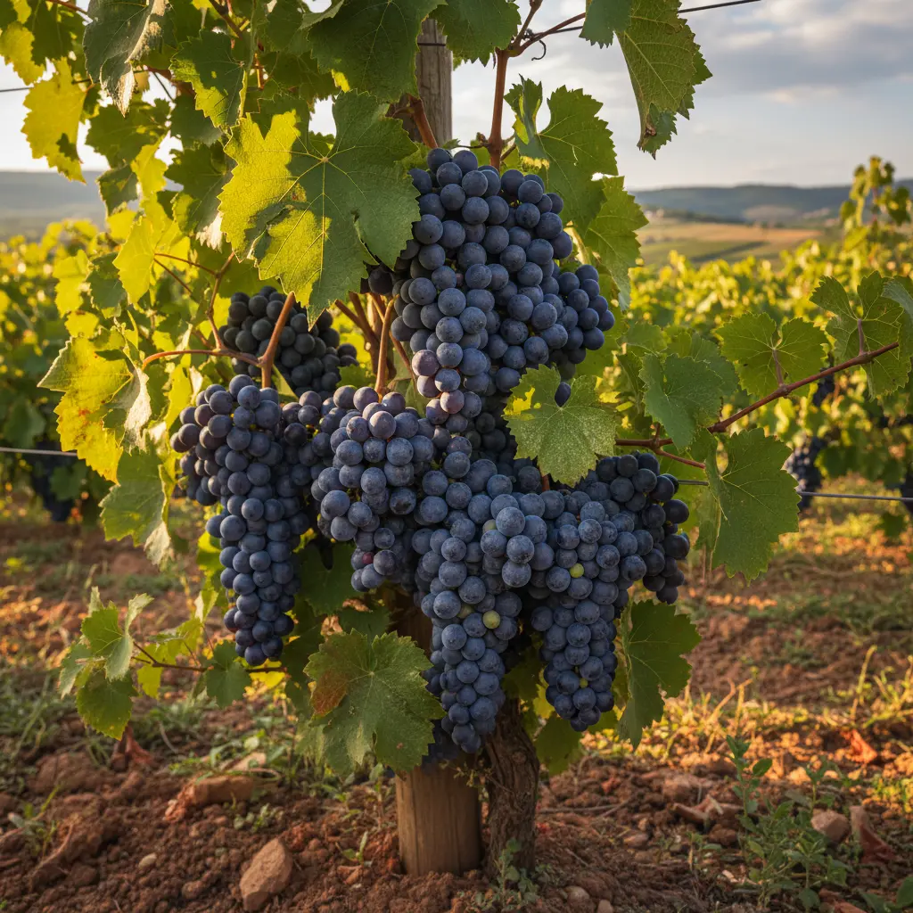 Close-up of Feteasca Neagra grapes on the vine in a Romanian vineyard.