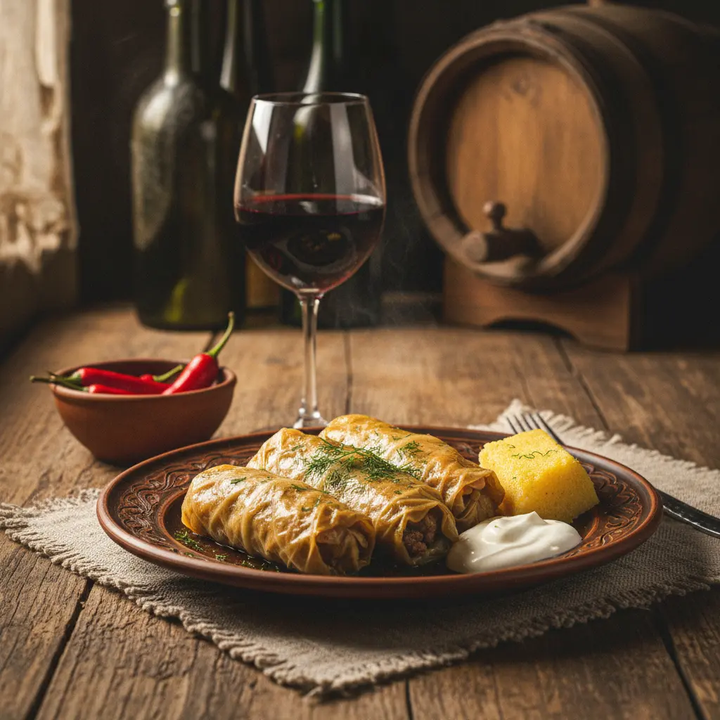 Traditional Romanian sarmale (cabbage rolls) served with a glass of red wine.