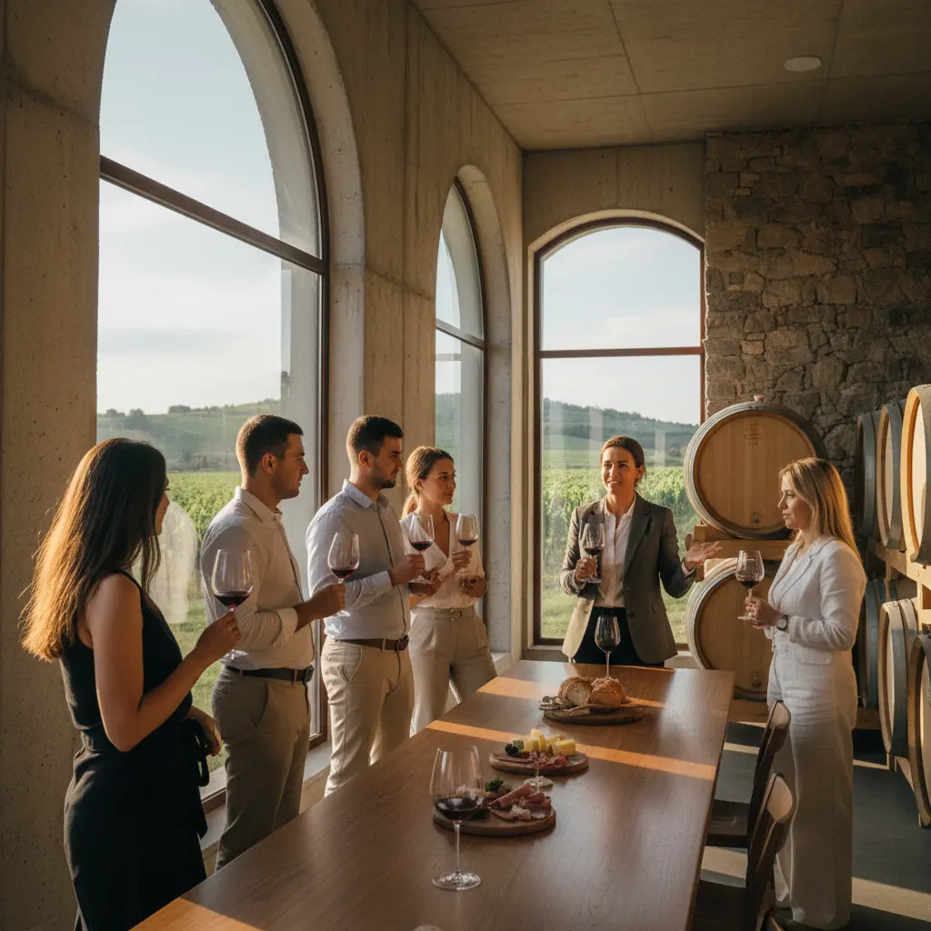 People on a guided tour tasting wine at a modern Romanian winery.