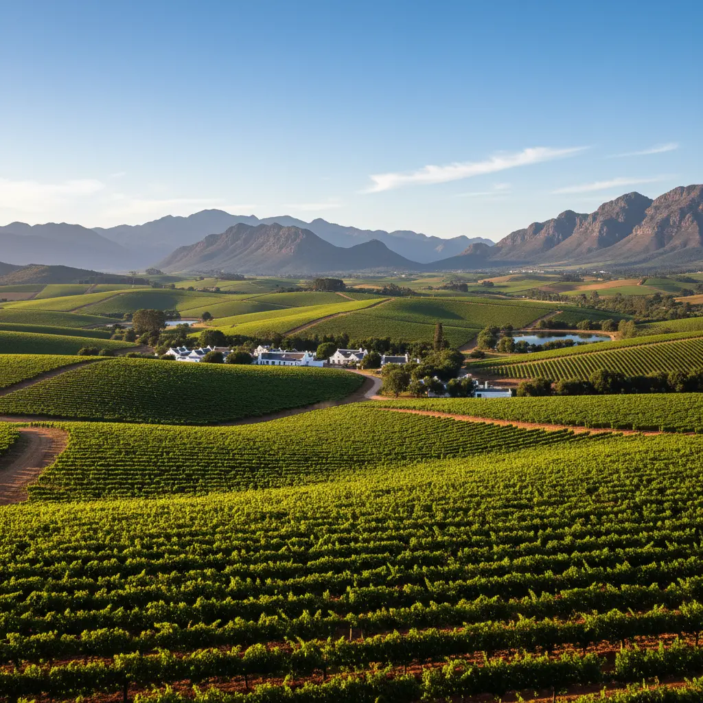 Panoramic view of South African vineyards in the Cape Winelands under a clear sky