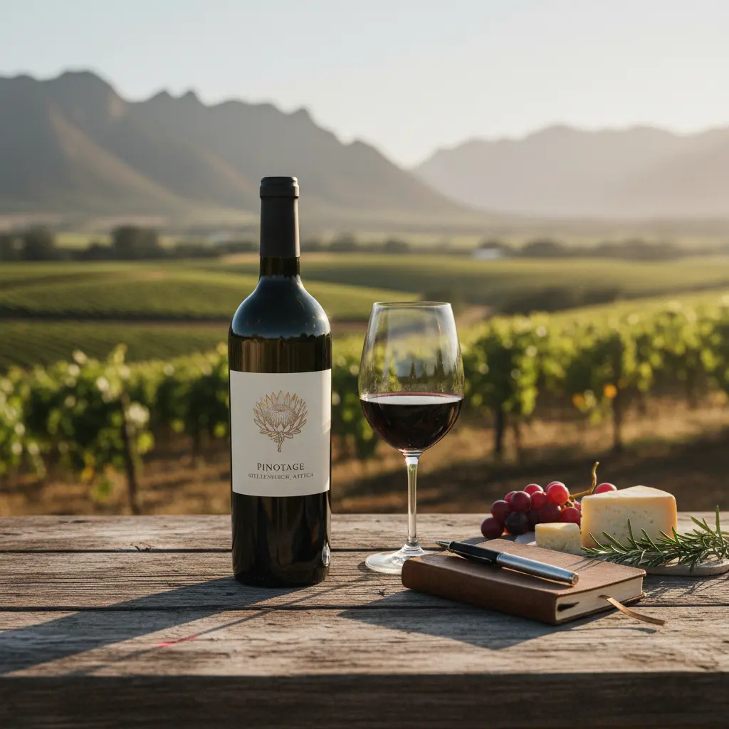 A bottle of South African Pinotage wine on a rustic table