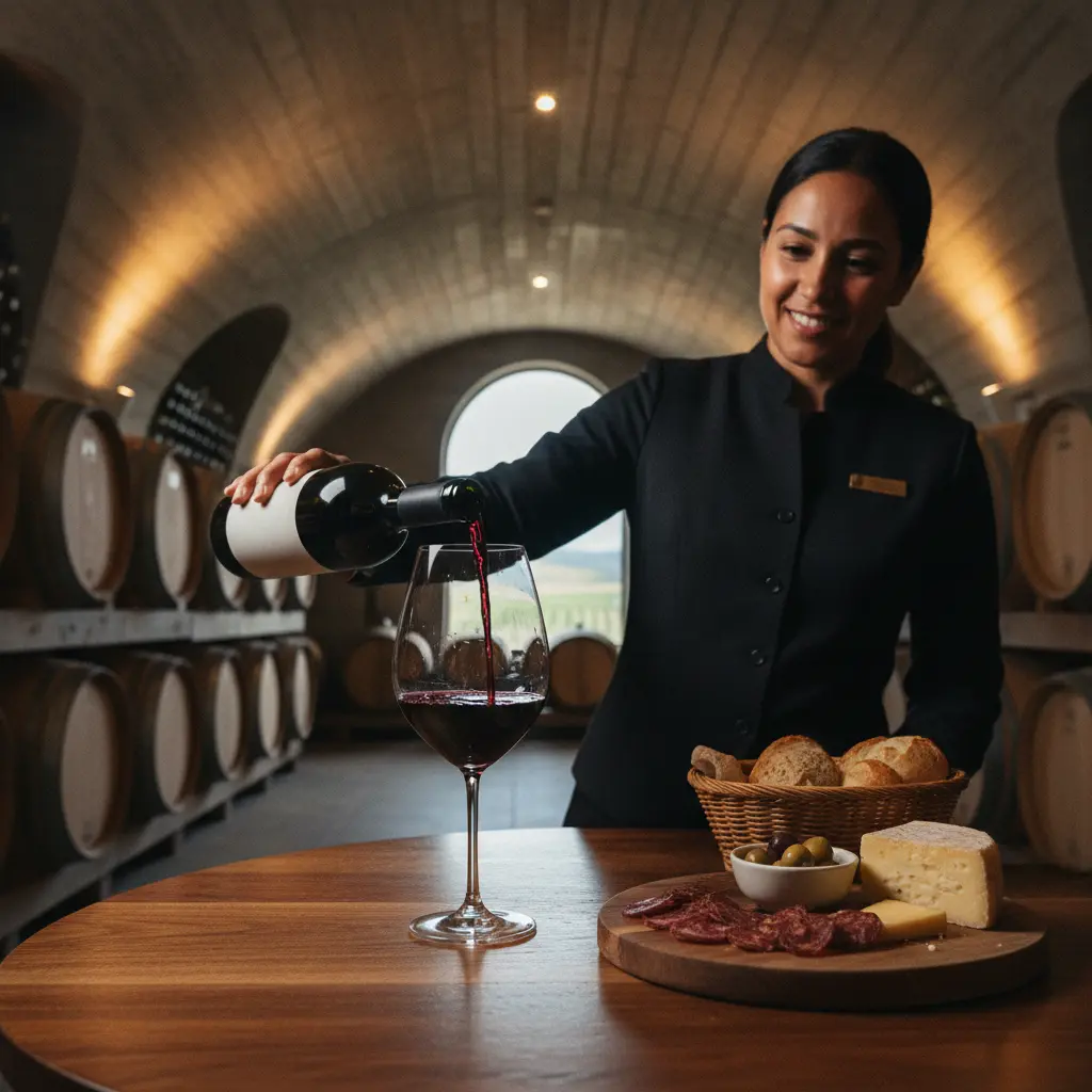 A sommelier pouring South African wine for tasting in a modern cellar