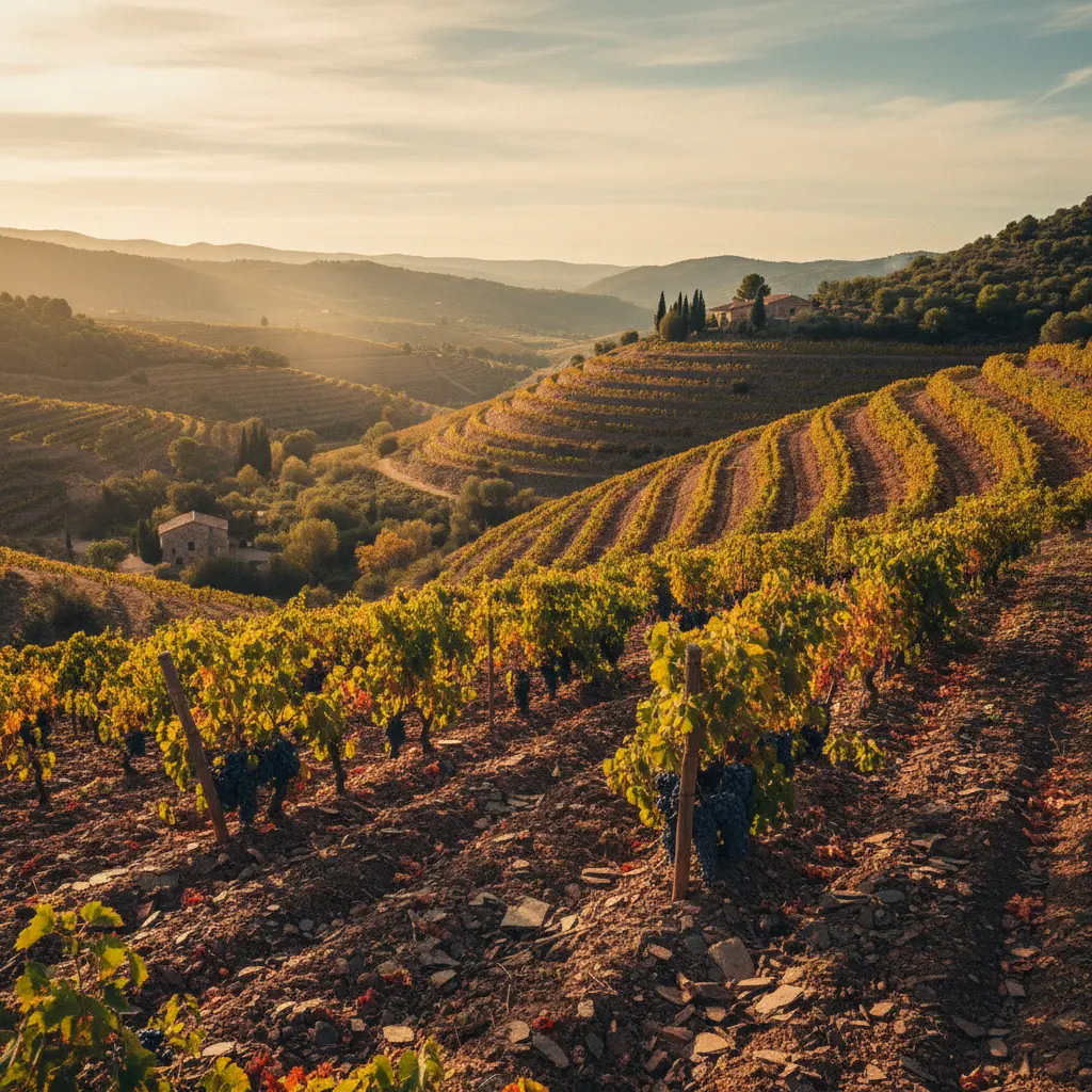 Terraced vineyards in Priorat, Spain, showing slate soils.