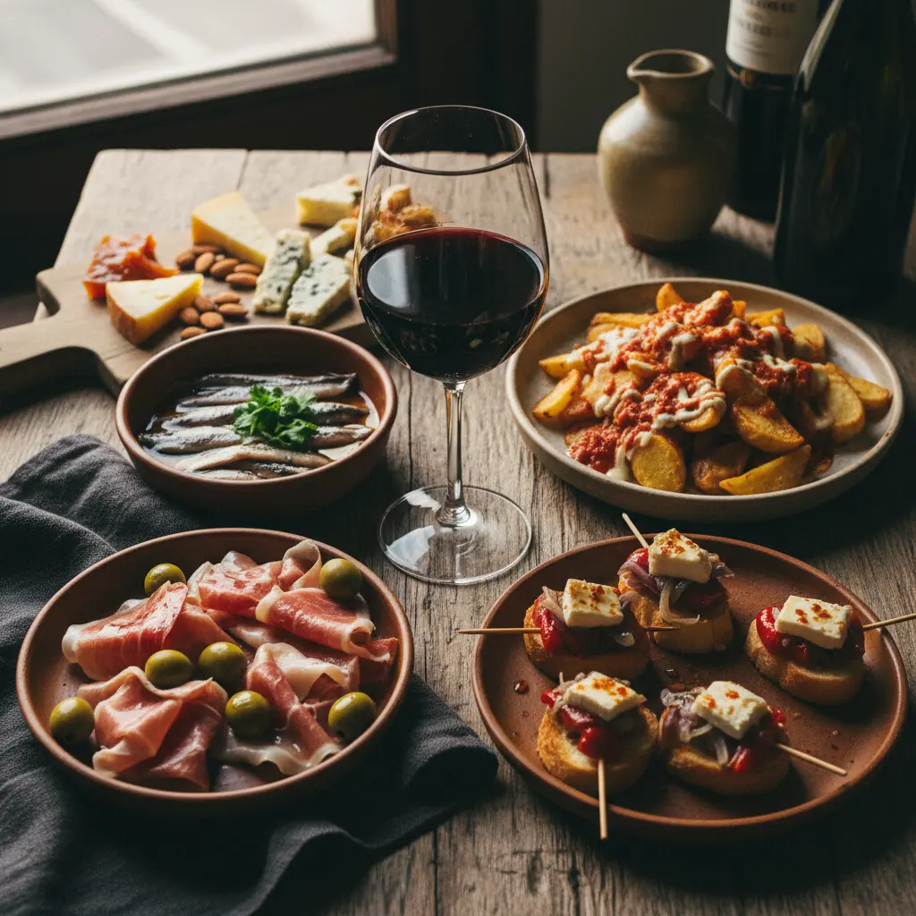 Assortment of Spanish tapas with a glass of red Rioja wine.