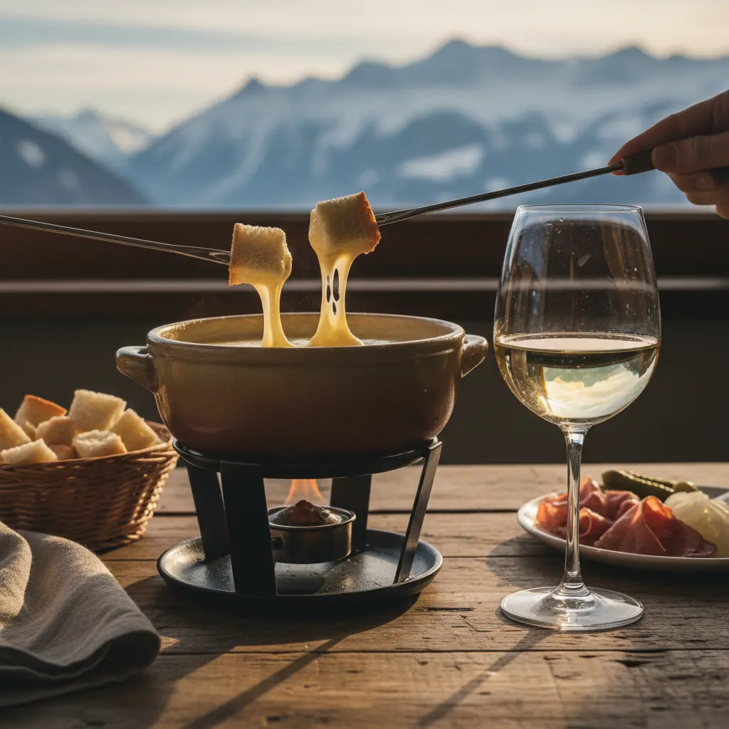 Swiss cheese fondue with a glass of white wine