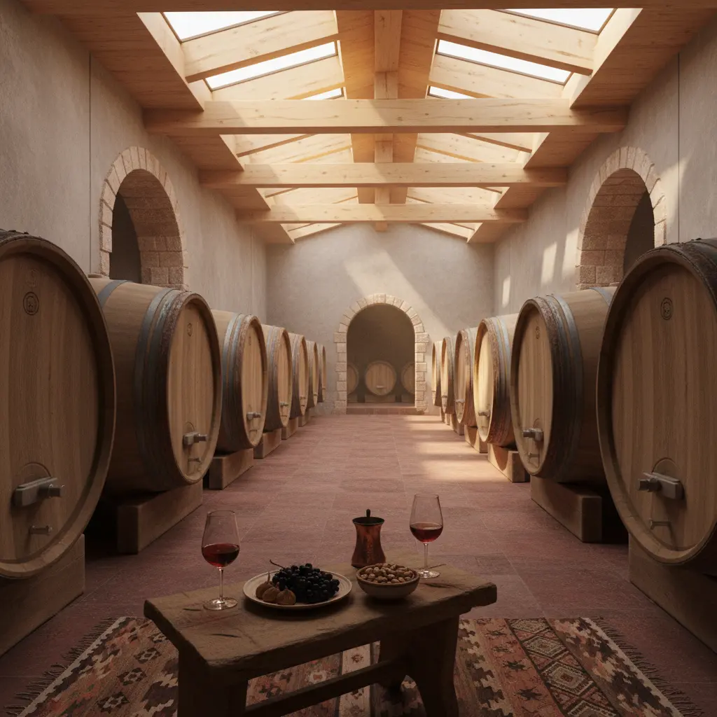 Rows of oak barrels in a modern Turkish winery cellar