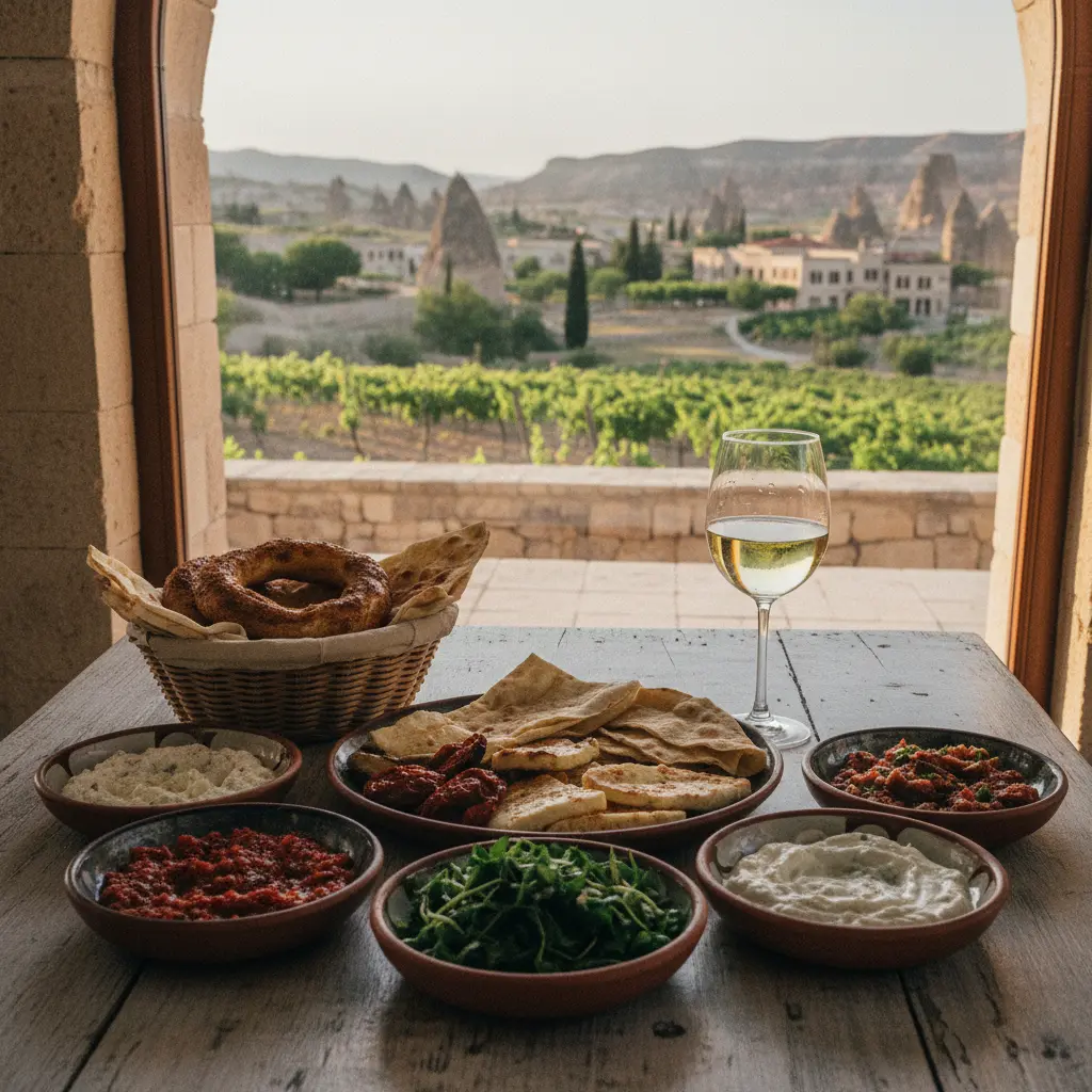 A selection of colorful Turkish meze with a glass of white wine