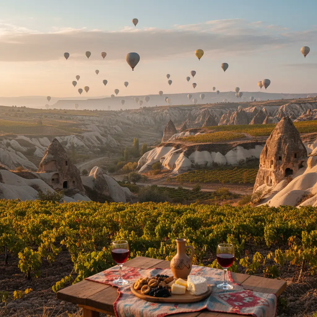 Hot air balloons flying over vineyards in Cappadocia, Turkey