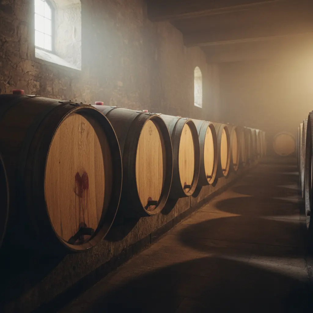Oak barrels aging wine in a dim cellar, representing the art of winemaking.