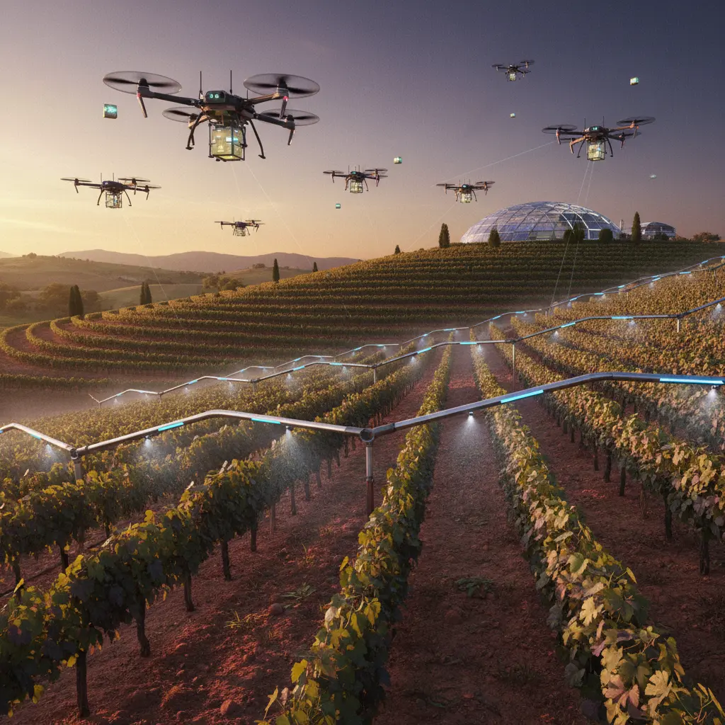 A futuristic vineyard scene with automated irrigation and drones, symbolizing innovation.