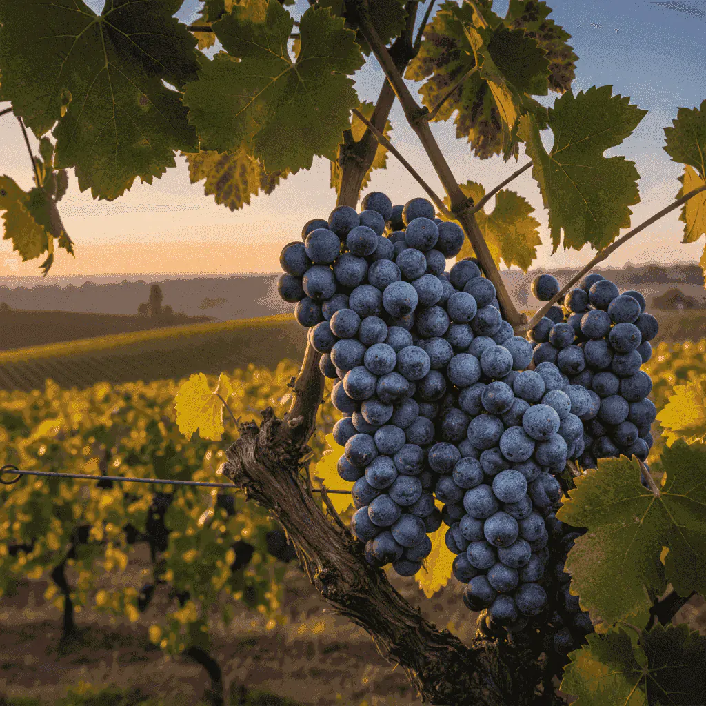 Close-up of ripe Tannat grapes on the vine in Uruguay